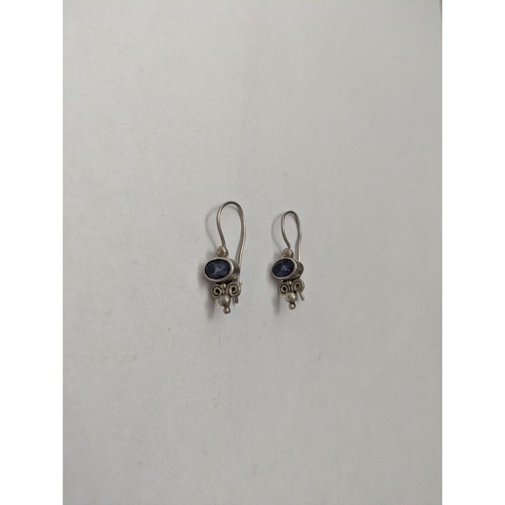 Vintage 925 Sterling Silver Amethyst Drop Earrings Purple Bezel Dangle Boho